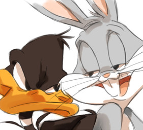 anthro duo male open_mouth simple_background toony white_background popcublove looney_tunes warner_brothers bugs_bunny daffy_duck anatid anseriform avian bird duck lagomorph mammal