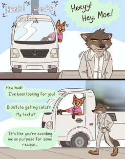 anthro biped brown_body brown_fur clothed clothing dialogue duo eyebrows fur male necktie open_mouth open_smile pink_clothing pink_shirt pink_topwear shirt smile speech_bubble tail text topwear vehicle aar0njay disney dreamworks the_bad_guys zootopia mr._wolf_(the_bad_guys) nick_wilde canid canine canis fox mammal wolf 2025 comic english_text hi_res