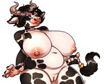 anthro big_breasts bodily_fluids breasts curvy_figure dutch_angle ear_piercing ear_ring eyeshadow female genital_fluids genitals holding_tail horn horn_jewelry horn_ring huge_breasts innie_pussy jewelry looking_at_viewer low-angle_view makeup mottled nipples nude piebald piercing pussy ring_(jewelry) ring_piercing simple_background slightly_chubby smile solo tail vaginal_fluids white_background skye3337 bovid bovine cattle holstein_friesian_cattle mammal 2022 hi_res portrait three-quarter_portrait