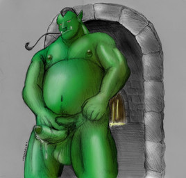 balls erection genitals green_body male nipples overweight overweight_humanoid overweight_male penis solo caesarcub humanoid orc 2005 traditional_media_(artwork)