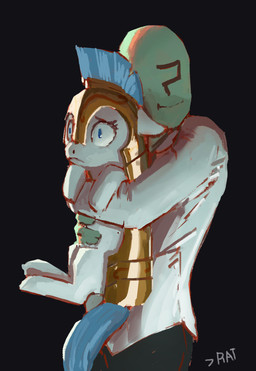 ?_face armor black_background blue_hair blue_tail clothed clothing duo female floppy_ears green_body green_skin hair hug male male/female simple_background smile tail white_body white_skin wide_eyed worried rhorse friendship_is_magic hasbro my_little_pony anon royal_guard_(mlp) equid equine horse human mammal pony hi_res signature