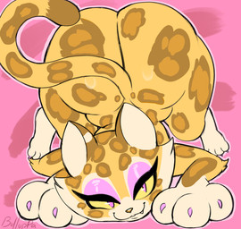 anthro ass_up bedroom_eyes big_butt brown_ears brown_spots brown_tail butt claws cute_fangs dipstick_tail eyelashes eyeshadow fangs female fur huge_butt looking_at_viewer makeup markings multicolored_body multicolored_fur multicolored_tail narrowed_eyes outline pink_background pink_claws pink_eyes pink_eyeshadow pink_outline seductive simple_background solo spots spotted_body spotted_fur tail tail_markings tan_body tan_fur tan_inner_ear teeth text thick_thighs wide_hips yellow_body yellow_fur yellow_sclera yellow_tail bulluppa kirby_(series) kirby_and_the_forgotten_land nintendo clawroline felid leopard mammal pantherine 2025 artist_name digital_media_(artwork) hi_res signature