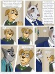 2016 3:4 age_difference andrew_oleander anthro bird_dog blue_eyes blush bow_(feature) bow_tie brown_eyes bull_terrier business_suit canid canine canis clothed clothing comic cooper_estevez dialogue domestic_dog emery_waldren english_text eye_contact eyewear floppy_ears fully_clothed fur glasses golden_retriever grey_body grey_eyes grey_fur group hi_res hunting_dog jackaloo looking_around_corner looking_at_another looking_away male mammal necktie retriever size_difference smile suit surprise terrier text topwear unsure vest wolf yellow_body yellow_fur