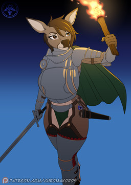 anthro armor belt bevor bottomwear breastplate brown_body brown_eyes brown_fur brown_hair cape clothing elena_cielo female fur garter_straps gauntlets gloves hair handwear loincloth melee_weapon solo sword thick_thighs torch weapon white_body white_fur chromakoros tamagotchi deer mammal hi_res