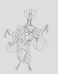 antennae_(anatomy) anthro arthropod_abdomen asian_clothing bent_over big_breasts big_eyes breasts claws cleavage clothed clothing east_asian_clothing female flower heart_symbol holding_object japanese_clothing kimono mandibles multi_arm multi_limb plant solo permaclot arthropod flower_mantis insect mantis orchid_mantis monochrome