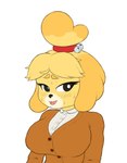 anthro big_breasts blush bodily_fluids breasts cardigan clothed clothing embarrassed female fur looking_away solo sweat yellow_body yellow_fur oliversart animal_crossing nintendo isabelle_(animal_crossing) canid canine canis domestic_dog mammal digital_media_(artwork) hi_res