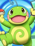 anthro blue_background electronics green_body phone pokeball simple_background solo kizitoba nintendo pokemon pokemon_go generation_2_pokemon pokemon_(species) politoed 2017 3:4