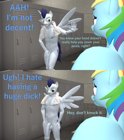 animal_genitalia animal_penis anthro balls big_penis big_penis_problems casual_nudity covering duo embarrassed equine_genitalia equine_penis eyes_on_the_prize female genitals ineffective_cover inside locker locker_room male navel nipples nude penis text towel towel_around_neck two_panel_image wings papadragon69 friendship_is_magic hasbro my_little_pony mythology rainbow_dash_(mlp) soarin_(mlp) wonderbolts_(mlp) equid equine horse mammal mythological_creature mythological_equine pegasus pony 3d_(artwork) comic digital_media_(artwork) english_text hi_res source_filmmaker_(artwork)