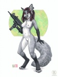 abstract_background anthro biped black_body black_fur black_hair black_nose breasts casual_nudity digitigrade ear_piercing ear_tag fangs female fur genitals grey_body grey_fur grey_tail gun hair holding_gun holding_object holding_ranged_weapon holding_weapon long_hair multicolored_body multicolored_fur nipples no_sclera nude open_mouth piercing pussy ranged_weapon red_eyes red_hair sharp_teeth simple_background solo standing submachine_gun tail teeth tongue uzi weapon white_background white_body white_fur kacey tsume_zyzco canid canine corsac_fox fox mammal true_fox 2010 full-length_portrait portrait watermark