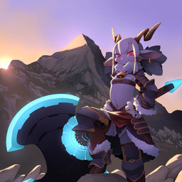 anthro armor axe bell biped breasts clothed clothing ear_piercing ear_ring female female_anthro fur hair holding_object holding_weapon hooves horizontal_pupils horn looking_at_viewer melee_weapon mountain navel outside piercing pupils red_eyes ring_piercing small_breasts smile solo weapon white_body white_fur white_hair kamukamu6392 bovid mammal 1:1 2022 hi_res shaded