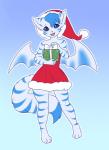 anthro blue_background blue_eyes blue_markings bow_(feature) box christmas_present clothed clothing container female fur gift gift_box gradient_background hair markings simple_background solo white_body white_fur box-cat dust:_an_elysian_tail karla_halldor bat mammal nimbat digital_media_(artwork) hi_res