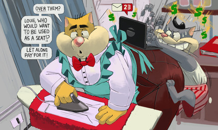 anthro apron bodily_fluids bow_tie boxers_(clothing) butt chubby_cheeks clothing computer confusion currency_symbol curtains dialogue dollar_sign duo electronics laptop male male/male overweight overweight_male shirt speech_bubble sweat symbol text thick_thighs toony topwear typing underwear bondagefanart cartoon_network hanna-barbera the_fat_cats what_a_cartoon! elmo_(the_fat_cats) louie_(the_fat_cats) domestic_cat felid feline felis mammal 2020 5:3 english_text hi_res sibling_(lore)