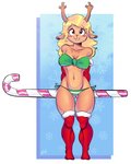 abstract_background anthro antlers armwear athletic athletic_anthro athletic_female bandeau bare_shoulders bikini biped blonde_hair blue_background blush border bottomwear bow_in_front bra breasts brown_body brown_fur buckteeth butt butt_from_the_front candy candy_cane cleavage clothed clothing curvy_figure dessert eyebrows eyelashes female floppy_ears food footwear freckles front_view fur gift_bow gift_wrapped green_bow green_clothing hair hands_behind_back holding_food holding_object holidays hooves horn legwear long_hair looking_at_viewer medium_breasts midriff multicolored_clothing navel nervous nervous_smile panties pattern_bottomwear pattern_clothing pattern_panties pattern_underwear pink_nose red_armwear red_clothing red_legwear red_nose shadow side-tie_bikini side-tie_clothing simple_background skimpy sleeves smile snow snowflake socks solo standing string_bikini string_bow striped_bottomwear striped_clothing striped_panties striped_underwear stripes swimwear teeth thick_thighs thigh_gap thigh_highs tied_bikini tied_clothing tied_string toned_female topwear tuft two-piece_swimsuit two_tone_clothing underwear white_background white_border wide_hips panthera_cantus christmas deltarune undertale_(series) noelle_holiday deer mammal new_world_deer reindeer 2020 absurd_res digital_media_(artwork) full-length_portrait hi_res portrait