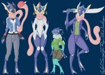 anthro blue_background breasts cursed female group gym_leader melee_weapon non-mammal_breasts simple_background sword tongue tongue_out transformation weapon johnsergal nintendo pokemon ash_ketchum max_(pokemon) misty_(pokemon) amphibian frogadier generation_6_pokemon greninja pokemon_(species) absurd_res hi_res