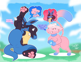 anthro blue_body blue_eyes bodily_fluids body_swap dialogue duo male pawpads paws pink_body red_eyes stretching sweat tail text korick17 nintendo pokemon aoi_(wuppy245) generation_1_pokemon generation_4_pokemon legendary_pokemon lucario mew_(pokemon) pokemon_(species) english_text hi_res