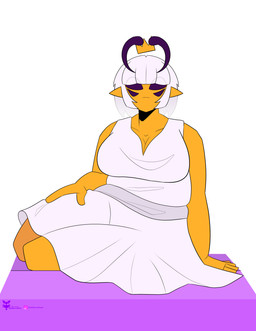 antennae_(anatomy) big_breasts blank_expression breasts clothed clothing crown dress_only female hair headgear looking_at_viewer multi_eye purple_eyes simple_background sitting sitting_on_ground slightly_chubby slightly_chubby_female solo thick_thighs white_hair yellow_body bubblepop2001 honey_(phantomhugz) arthropod bee humanoid hymenopteran insect absurd_res hi_res