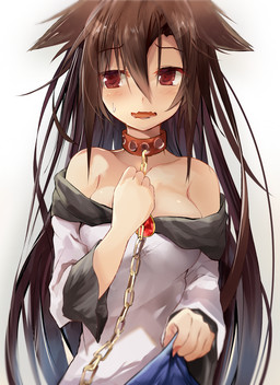 breasts brown_hair chain chain_leash collar female hair leash long_hair red_eyes simple_background solo white_background efe touhou kagerou_imaizumi animal_humanoid canid canid_humanoid humanoid mammal mammal_humanoid 2015