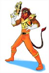 anonomega anthro armor black_body black_fur blaster boots clothing costume footwear fur fur_markings holding_object holding_weapon looking_forward male mane markings orange_body orange_clothing orange_fur red_body red_fur red_mane shoes simple_background solo spandex spaulder spiked_armor spikes standing striped_markings stripes superhero tail tail_tuft tight_clothing tuft weapon yellow_body yellow_eyes yellow_fur amonomega power_rangers power_rangers_dino_charge super_sentai zyuden_sentai_kyoryuger inferno_sabercat felid hybrid liger lion mammal pantherine 2014 dated signature