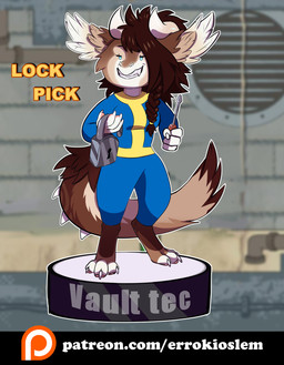 anthro blue_clothing brown_body brown_fur claws clothing feathers female finger_claws fur hair holding_object horn lock multicolored_body multicolored_fur padlock screwdriver solo spiked_tail spikes spikes_(anatomy) tail text toe_claws tools vault_suit errokioslem fallout microsoft english_text hi_res