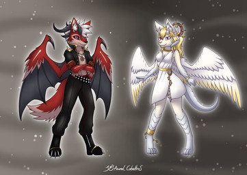 4_toes anthro barefoot blonde_hair claws clothed clothing digitigrade duo feathered_wings feathers feet female fully_clothed fur grey_body grey_scales hair male membrane_(anatomy) membranous_wings paws red_body red_fur scales toe_claws toes white_body white_fur white_hair wings azural_cobaltros angel demon hybrid absurd_res hi_res