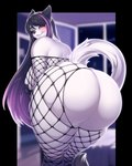 anthro bent_over big_breasts big_butt black_hair blurred_background blush bodystocking bodysuit bottomwear breasts butt butt_cutout clothing cutout eyeshadow female fishnet_bodysuit fishnet_bottomwear fishnet_clothing fishnet_skinsuit fishnet_topwear hair huge_butt ineffective_clothing long_hair long_tail looking_at_viewer looking_back makeup markings mole_(marking) multicolored_body multicolored_hair nipple_tape pasties pink_hair rear_view skinsuit smile solo standing tail tape thick_thighs tight_clothing topwear translucent translucent_clothing two_tone_body two_tone_tail white_body knight_dd domestic_cat felid feline felis mammal 2023 hi_res