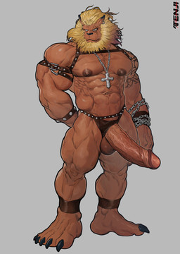 abs anthro balls beard biceps big_penis blonde_hair blue_eyes calf_muscles chain claws clothed clothing cross deltoids ear_piercing ear_ring erection facial_hair feet forearm_muscles genitals glans grey_background hair huge_penis male mane navel nipples pecs penis piercing ring_piercing simple_background solo tattoo toes topless triceps underwear vein veiny_muscles veiny_penis tenji_89 bandai_namco digimon digimon_(species) leomon hi_res