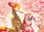 anthro asian_clothing claws clothing duo east_asian_clothing eyes_closed female flower fur grey_body grey_fur inner_ear_fluff japanese_clothing kimono long_ears male orange_body orange_fur outside pawpads plant size_difference smile tree tuft weketa disney zootopia judy_hopps nick_wilde canid canine fox lagomorph leporid mammal rabbit red_fox true_fox 2016 digital_media_(artwork)