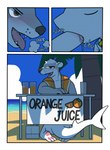 anthro beverage blush brown_eyes butt cocoshark_(hacony) comic dialogue duo english_text fellatio fish fur furred_fish furred_marine furred_shark hacony hi_res latex living_latex male male/male mammal marine mustelid oral otter penile sex shark text whisker_spots white_body white_fur