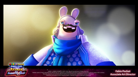anthro black_border black_facial_hair black_mustache blue_clothing blue_eyes blue_scarf blue_shirt blue_topwear border buckteeth clothed clothed_anthro clothing copyright_symbol curly_hair facial_hair fur grey_clothing grey_hair grey_suit hair half-closed_eyes light long_ears looking_at_viewer male male_anthro multicolored_body mustache narrowed_eyes no_eyebrows noseless red_tongue scarf shirt simple_background smile smiling_at_viewer solo sparkling_suit suit symbol tan_body tan_eyelids tan_inner_ear tan_skin teeth text tongue topwear two_tone_body white_body white_fur year fabio_pochet mario_bros mario_plus_rabbids_kingdom_battle mario_plus_rabbids_sparks_of_hope nintendo raving_rabbids rayman_(series) ubisoft phantom_of_the_bwahpera ghost hybrid lagomorph mammal rabbid spirit 16:9 2023 4k absurd_res artist_name bust_portrait colored crossover digital_drawing_(artwork) digital_media_(artwork) english_description english_text hi_res lighting official_art portrait shaded widescreen