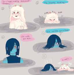 ambiguous_gender anthro bathing bathing_together blue_hair blush clothed clothing duo fur hair hair_over_eye horn hot_spring luuz_belle male male/ambiguous mostly_submerged topless topless_male water white_body white_fur deltarune undertale_(series) kris_dreemurr ralsei bovid caprine goat human mammal hi_res