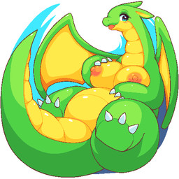 anthro blue_eyes blush breasts claws curvy_figure dragon_wings ears_down female green_body kemono nipples pivoted_ears simple_background solo tail voluptuous white_background wings yellow_body yellow_skin takiune_(pixiv) mythology dragon mythological_creature mythological_scalie scalie 1:1 2020 aliasing digital_media_(artwork) full-length_portrait low_res portrait