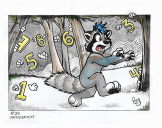 anthro black_hair black_nose black_pawpads blue_hair fangs fur grey_body grey_fur hair logo male markings nude open_mouth pawpads plant red_tongue running solo striped_markings striped_tail stripes tail tail_markings teeth tongue tree young young_anthro young_male pandapaco mammal procyonid raccoon 2017 artist_logo dated hi_res signature