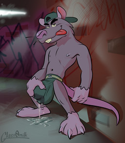 3_toes 4_fingers anthro biped bodily_fluids bulge clothing cum detailed_background feet fingers genital_fluids hat headgear headwear humanoid_hands male navel nipples rodent_tail smile solo standing tail toes tongue tongue_out underwear glass0milk rabid_fans pete_seratti mammal murid murine rat rodent 2025 2026 hi_res