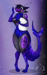 4_ears anthro blue_body eyes_closed fur galaxy holding_object holding_pillow machine male multi_ear neck_tuft open_mouth pillow shark_tail simple_background solo tuft visor yawn lobinhobr_art astra_sidereum protogen absurd_res hi_res