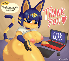 anthro big_breasts blush bottomless breasts butt clothed clothing computer drawing_tablet electronics female heart_after_text heart_symbol huge_breasts laptop looking_at_viewer lying nipples number on_front raised_clothing raised_shirt raised_topwear shirt solo text text_with_heart topwear gammainks animal_crossing nintendo ankha_(animal_crossing) domestic_cat felid feline felis mammal absurd_res english_text hi_res