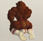 absurd_res anthro back_muscles balls_outline bear biceps biped brown_body brown_fur bulge butt clothed clothing detailed_bulge footwear fur genital_outline gryblak hi_res hyper jock jockstrap legwear looking_at_viewer looking_back male mammal muscular muscular_anthro muscular_butt muscular_male muscular_thighs perineum rear_view simple_background small_tail socks solo sportswear tail underwear