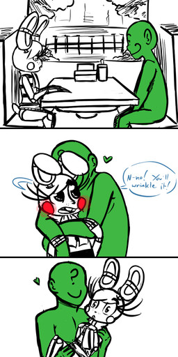 ?_face anthro booth_seating buckteeth carrying_another dialogue duo furniture green_heart heart_symbol machine male navel rosy_cheeks scarf simple_background sitting speech_bubble stuttering table teeth text white_background inkyfrog five_nights_at_freddy's scottgames anon toy_toy_bonnie_(inkyfrog) animatronic human lagomorph leporid mammal rabbit robot 2016 comic english_text hi_res partially_colored
