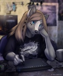 5_fingers anthro biped black_nose blonde_hair blue_eyes breasts claws clothed clothing container cup detailed_background drawing_tablet ear_piercing electronics female fingers fur grey_body grey_fur hair jewelry mousepad necklace piercing poster sitting solo tablet white_body white_fur koul koul_fardreamer canid canine canis mammal wolf