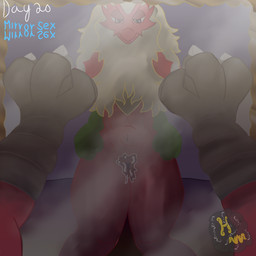 abdominal_bulge ambiguous_penetration anthro bodily_fluids claws duo female first_person_view from_behind_position genital_fluids genitals looking_down male male/female mirror mirror_reflection penetration pink_eyes reflection sex vaginal_fluids vulva hurricane_weaver kinktober kinktober_2025 nintendo pokemon ambiguous_species blaziken generation_3_pokemon humanoid pokemon_(species) 1:1 2025 hi_res watermark
