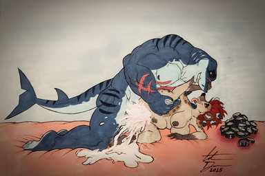 5_fingers 5_toes abdominal_bulge anthro anthro_on_anthro anthro_penetrated anthro_penetrating anthro_penetrating_anthro balls barely_visible_balls barely_visible_genitalia barely_visible_penis big_balls big_breasts big_penis black_nose blue_body blue_skin bodily_fluids breasts brown_body brown_fur brown_hair cum cum_explosion cum_in_vagina cum_inside cum_overflow cum_pool cumsplosion duo ejaculation excessive_cum excessive_genital_fluids fangs feet female female_penetrated fingers fur genital_fluids genitals good_clean_married_sex hair huge_balls huge_penetration huge_penis humanoid_feet humanoid_hands husband_and_wife husband_penetrating_wife interspecies kneeling larger_male lube lying male male/female male_penetrating male_penetrating_female markings married_couple muscular muscular_anthro muscular_male nipples nude nude_anthro nude_female nude_male on_side penetration penile penile_penetration penis penis_in_vagina plantigrade scar sex size_difference smaller_female smaller_penetrated smile spots spotted_body spotted_fur spread_legs spreading stretched_vagina tail teeth toes tongue tongue_out vaginal vaginal_penetration vein veiny_penis vulva bikerboyart christopher_(zummeng) nora_(zummeng) aquatic fish hyena mammal shark spotted_hyena 2025 hi_res signature