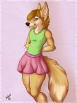 anthro black_nose blonde_hair blue_eyes bottomwear clothed clothing female flat_chested fully_clothed green_clothing green_topwear hair looking_at_viewer pink_bottomwear pink_clothing pose simple_background skirt solo topwear taso_rooikat jessica_wolf canid canine canis mammal wolf 3:4