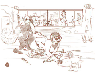 all_fours anthro anthro_on_feral anthro_penetrated audience bestiality bite biting_lip biting_own_lip bottomwear bottomwear_down bra breasts camera chest_tuft clothed clothing costume crowd duo_focus erection exhibitionism eyewear female female_on_feral feral feral_penetrating feral_penetrating_anthro from_behind_position fully_clothed fur genitals glasses group hair hand_on_butt interspecies lips looking_back male male/female male_on_anthro multi_breast nude panties pants pants_down partially_clothed penetration penis presenting public public_sex self_bite sex shirt short_hair shorts simple_background smile standing syringe tail topwear transformation transformation_through_sex tuft underwear underwear_down undressing vivarium white_background zoo_(facility) soty ailurid human mammal red_panda 2009 monochrome sketch