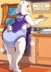 anthro appliance blush breasts clean_diaper clothed clothing curtains dessert dialogue diaper female floppy_ears food horn kitchen kitchen_appliance looking_at_viewer looking_back oven pastry pie poof poof_effect robe shelf side_boob solo speech_bubble standing stove text wearing_diaper window bunnykisses undertale undertale_(series) toriel boss_monster_(undertale) bovid caprine goat mammal monster absurd_res english_text hi_res