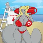 beach big_breasts bikini blonde_hair breasts clothed clothing cloud copyright_symbol curvy_figure female fur green_eyes grey_body grey_fur hair huge_breasts lifeguard lifeguard_tower navel rescue_buoy sand seaside sky solo swimwear symbol thick_thighs two-piece_swimsuit voluptuous water wide_hips satsumalord shane_(satsumalord) mammal rodent sciurid 1:1 2014 hi_res