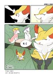 ambiguous_gender anthro bodily_fluids braixen canid canine comic deer deerling english_text eyelashes eyes_closed female feral fur generation_5_pokemon generation_6_pokemon group hi_res holding_crotch japanese_text laugh looking_back mammal mienshao mustelid ne_i_ro nintendo omorashi open_mouth orange_body orange_eyes orange_fur outside pink_body pink_fur plant pokemon pokemon_(species) realization shocked shrub smile spring_deerling sweat text translated tree_stump walking white_body white_fur