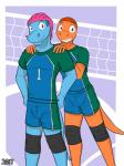 3:4 anthro anthrofied charmander chompers_(fuze) clothing comic cover duo fuze generation_1_pokemon generation_2_pokemon hair hi_res male net nintendo pokemon pokemon_(species) pokemorph pose red_(fuze) reptile scalie sport totodile volleyball volleyball_net