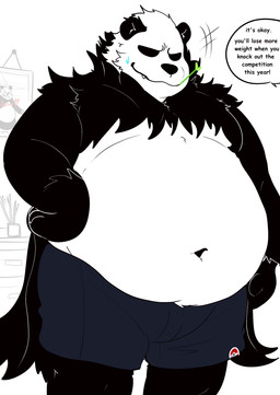 anthro belly boxer_briefs bulge clothing male navel overweight smile solo standing text underwear rinhatsuyuki nintendo pokemon generation_6_pokemon pangoro pokemon_(species) absurd_res english_text hi_res