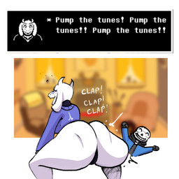 2_horns anthro ass_clapping bent_leg big_breasts big_butt big_mouth_(anatomy) biped black_blush black_clothing black_gloves black_handwear black_nose black_panties black_text_box black_underwear blurred_background blush blush_lines bone breasts bubble butt butt_squish clap clothed clothed_anthro clothed_female clothed_humanoid clothed_male clothing crouching curved_horn cute_fangs dialogue_box drunk drunk_bubble duo extended_arms eyelashes eyes_closed eyewear fangs female fingers floppy_ears fur glasses gloves grin handwear happy horn huge_butt impact_lines jacket larger_anthro larger_female leaning leaning_forward light_body light_fur lop_ears male mature_anthro mature_female monotone_body monotone_fur monotone_horn multicolored_clothing multicolored_jacket multicolored_topwear open_mouth open_smile panties pantsless purple_clothing purple_eyewear purple_glasses purple_sweater purple_topwear screencap screencap_background size_difference skeleton smaller_humanoid smaller_male smile sound_effects squish substance_intoxication sweater teeth text text_box three-quarter_view topwear twerking two_tone_clothing two_tone_jacket two_tone_topwear underwear wearing_glasses white_body white_ears white_fur white_horn white_text baguetteartt deltarune undertale_(series) sans_(undertale) toriel animated_skeleton boss_monster_(undertale) bovid caprine goat humanoid mammal undead 1:1 2025 artist_name digital_drawing_(artwork) digital_media_(artwork) english_text hi_res