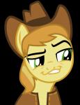 clothing cowboy_hat fur green_eyes hat headgear headwear male simple_background smile smirk solo transparent_background trollface yellow_body yellow_fur almostfictional friendship_is_magic hasbro my_little_pony braeburn_(mlp) earth_pony equid equine horse mammal pony alpha_channel hi_res meme