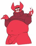 2_horns 5_fingers balls belly clothing fingers genitals glans horn humanoid_genitalia humanoid_penis male not_furry overweight overweight_humanoid overweight_male penis red_balls red_belly red_body red_glans red_horn red_penis red_skin simple_background solo teeth white_background artlamelt spooky_month bob_velseb demon demon_humanoid humanoid hi_res